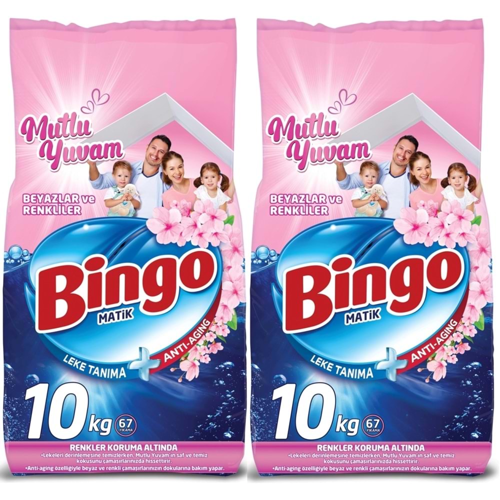 Bingo Matik Toz Çamaşır Deterjanı 20KG Beyazlar ve Renkliler (2PK*10KG) (134 Yıkama) (Mutlu Yuvam)