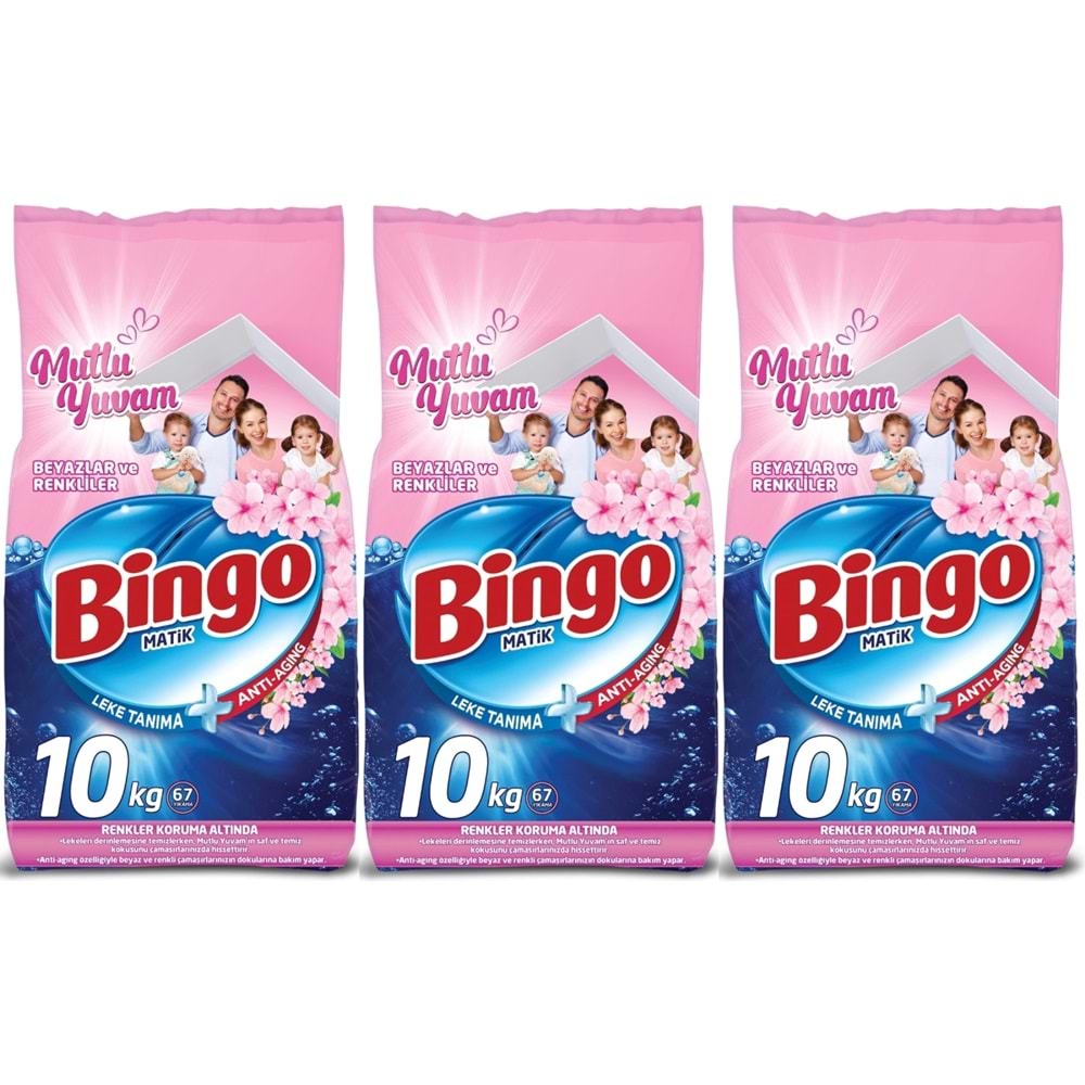 Bingo Matik Toz Çamaşır Deterjanı 30KG Beyazlar ve Renkliler (3PK*10KG) (201 Yıkama) (Mutlu Yuvam)