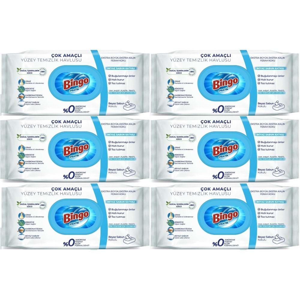 Bingo Clean Yüzey Temizlik Havlusu 96 Yaprak Beyaz Sabun Plastik Kapaklı (6 Lı Set) 576 Yaprak