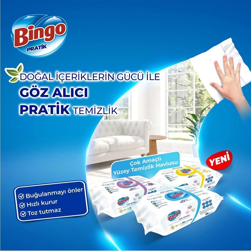Bingo Clean Yüzey Temizlik Havlusu 96 Yaprak Beyaz Sabun Plastik Kapaklı (9 Lu Set) 864 Yaprak
