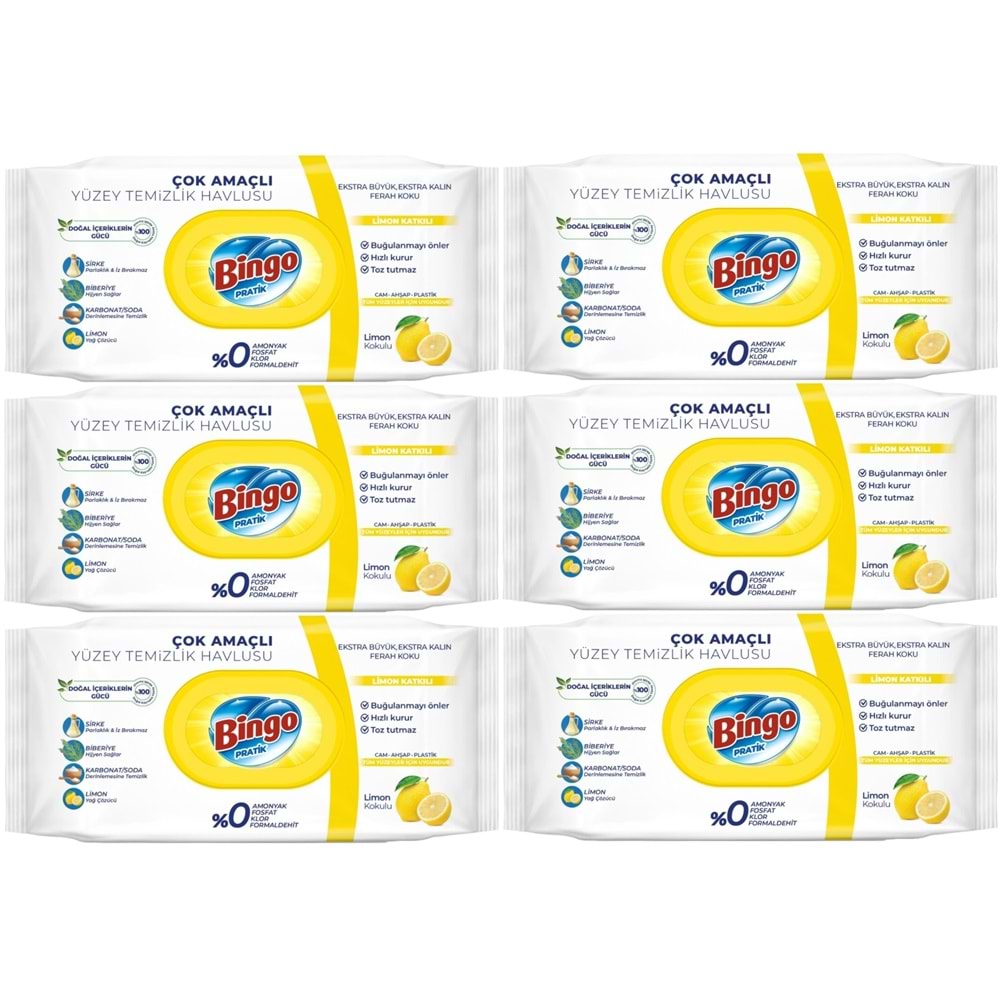 Bingo Clean Yüzey Temizlik Havlusu 96 Yaprak Limon Kokulu Plastik Kapaklı (6 Lı Set) 576 Yaprak