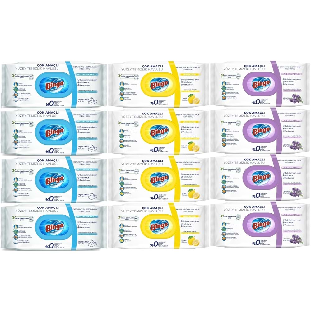 Bingo Clean Yüzey Temizlik Havlusu (Karma 12 Li Set) (Beyaz Sabun/Limon Kokulu/Lavanta Kokulu)
