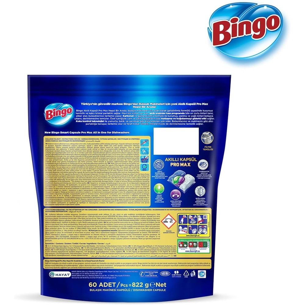 Bingo Akıllı Kapsül Pro Max Bulaşık Makinesi Deterjanı Tableti 360 Adet Limon Kokulu (6PK*60)
