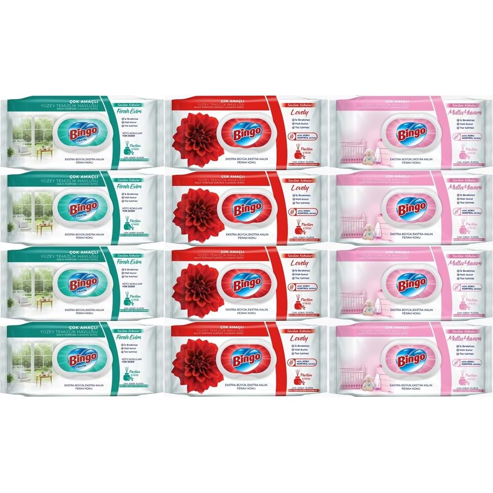 Bingo Clean Yüzey Temizlik Havlusu (Karma 12 Li Set) (Ferah Evim - Lovely - Mutlu Yuvam) 1152 Yaprak