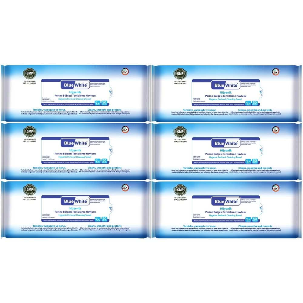 BlueWhite Yetişkin Hasta Perine Bölgesi Temizleme Mendil-Havlusu (6 lı set) 50 Yaprak Hijyenik