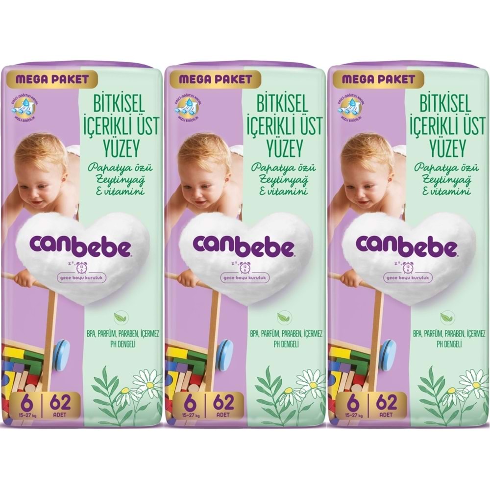 Canbebe Bebek Bezi Beden:6 (15-27KG) Exstra Large 186 Adet Mega Aylık Fırsat Pk