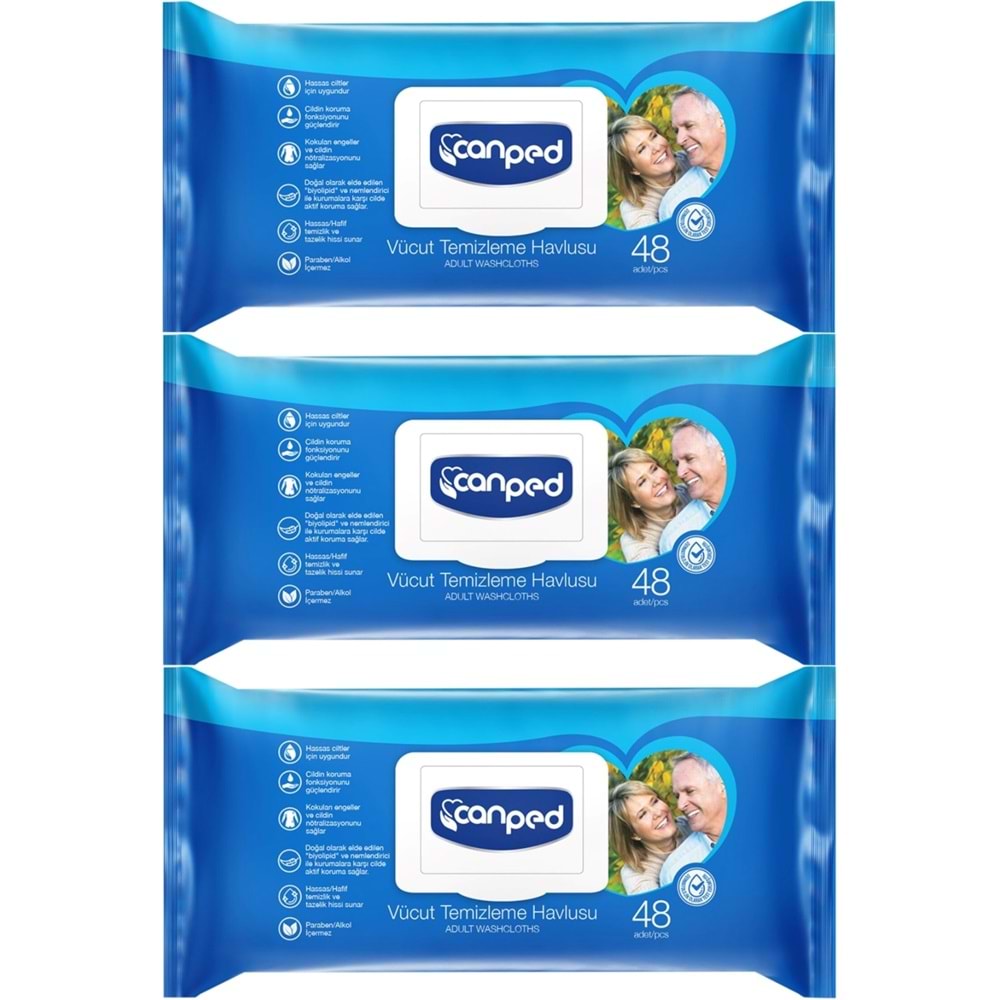 Canped Hasta Vücut Perine Temizleme Islak Mendil Havlu 48 Yaprak XL (3 Lü Set) Plastik Kapaklı