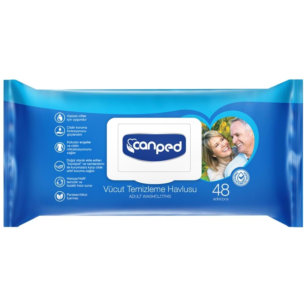 Canped Hasta Vücut Perine Temizleme Islak Mendil Havlu 48 Yaprak XL (3 Lü Set) Plastik Kapaklı