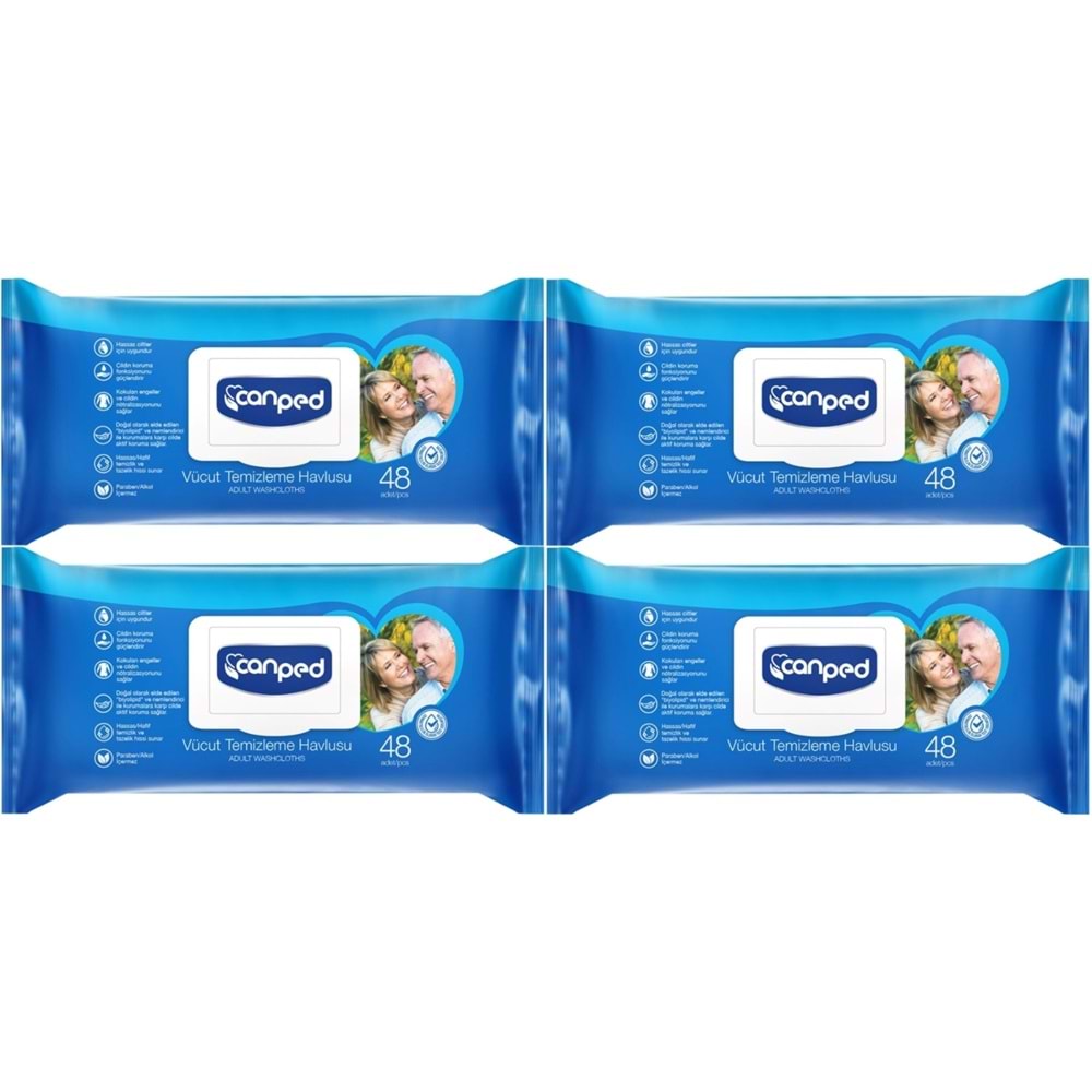 Canped Hasta Vücut Perine Temizleme Islak Mendil Havlu 48 Yaprak XL (4 Lü Set) Plastik Kapaklı