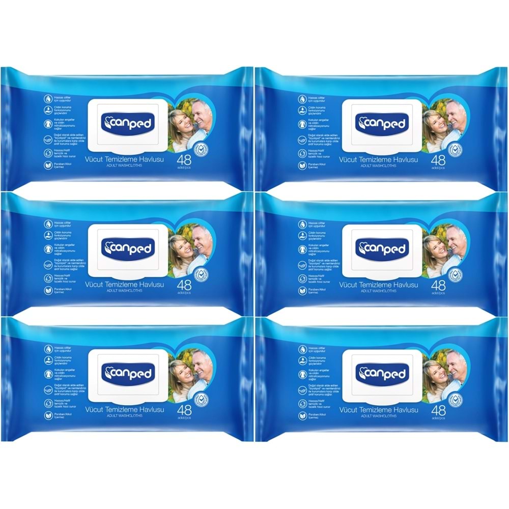 Canped Hasta Vücut Perine Temizleme Islak Mendil Havlu 48 Yaprak XL (6 Lı Set) Plastik Kapaklı