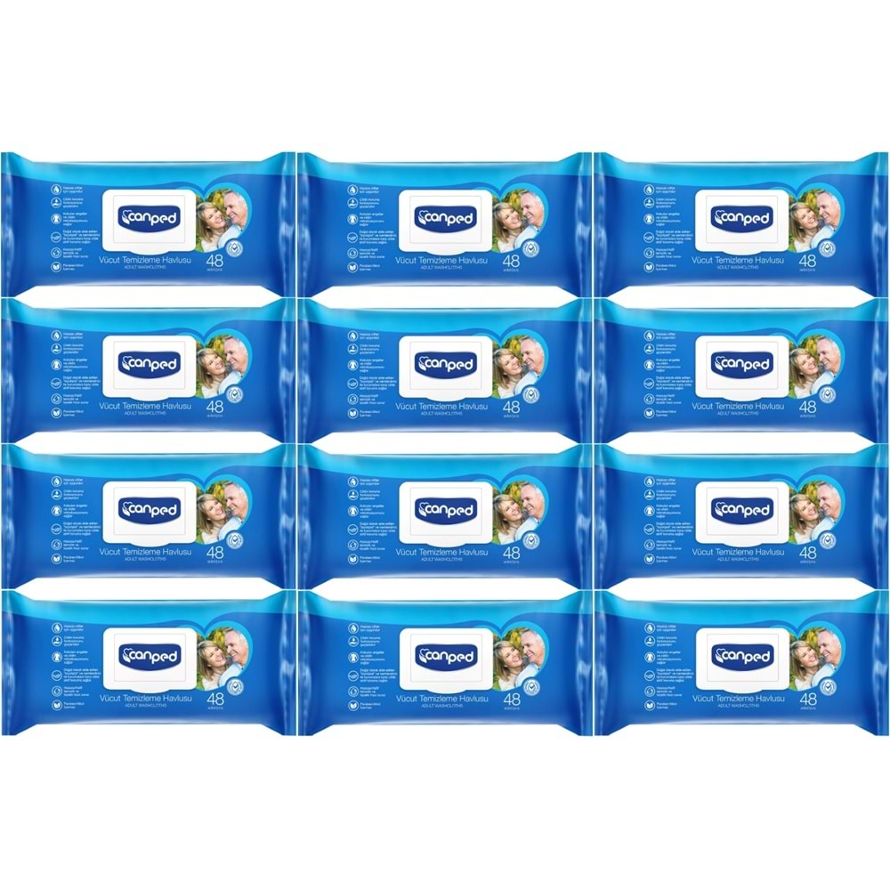 Canped Hasta Vücut Perine Temizleme Islak Mendil Havlu 48 Yaprak XL (12 Li Set) Plastik Kapaklı