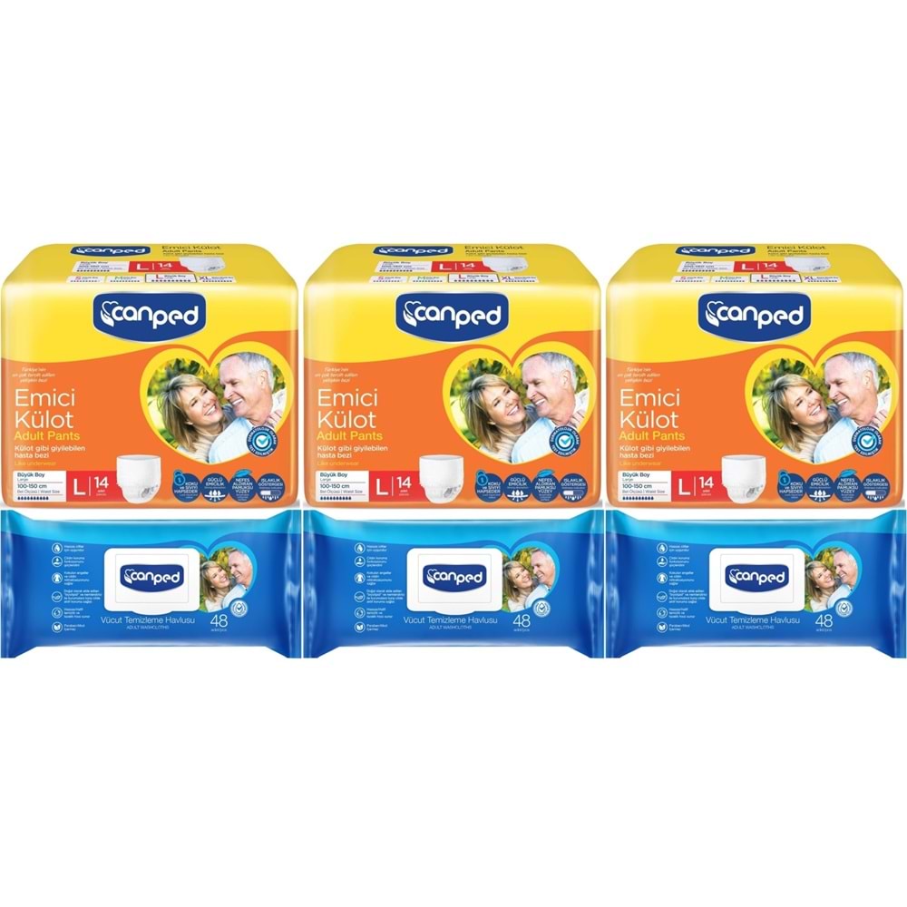 Canped Emici Külot Pants Hasta Yetişkin Bezi L - Büyük - Large 14 Adet - Temizleme Havlusu (6Lı Set)