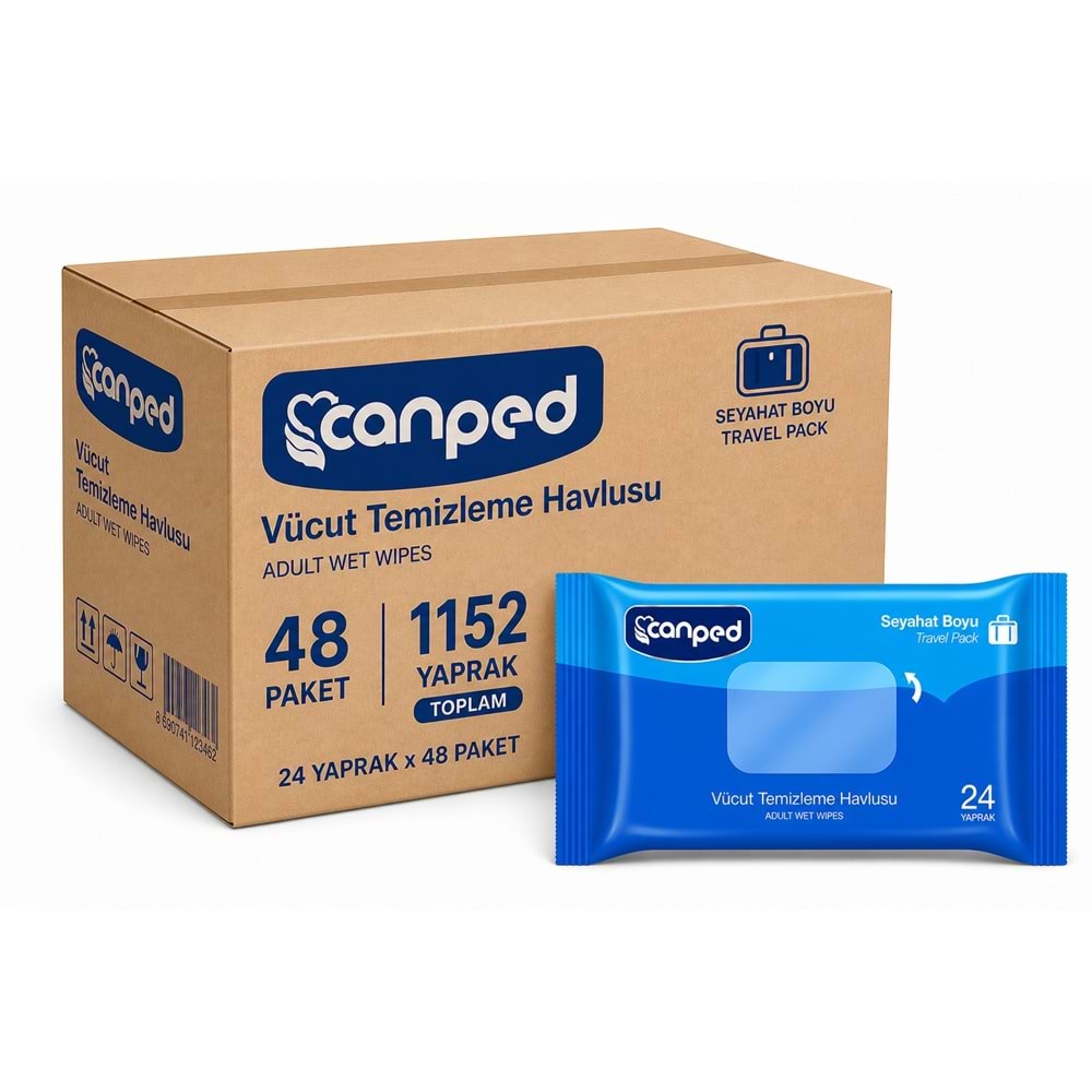Canped Yetişkin Vücut Temizleme Islak Mendil Havlu 24 Yaprak Seyahat Boy 48 Li Set (1152 Yaprak)