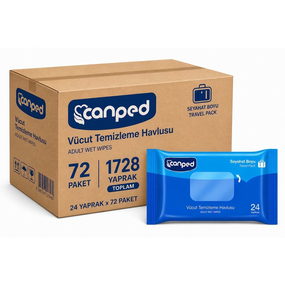 Canped Yetişkin Vücut Temizleme Islak Mendil Havlu 24 Yaprak Seyahat Boy 72 Li Set (1728 Yaprak)