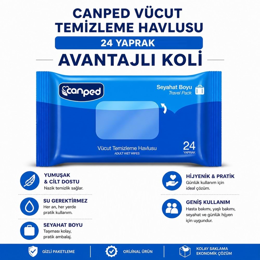 Canped Yetişkin Vücut Temizleme Islak Mendil Havlu 24 Yaprak Seyahat Boy 12 Li Set (288 Yaprak)