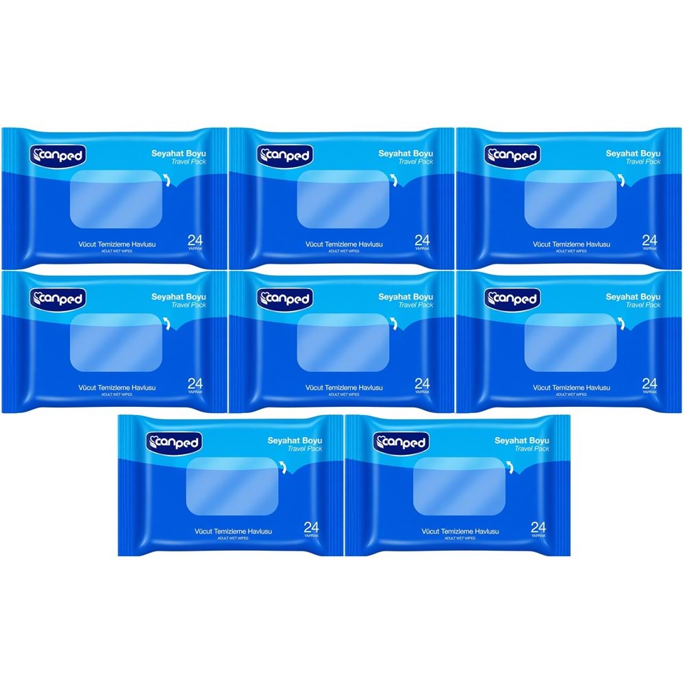 Canped Yetişkin Vücut Temizleme Islak Mendil Havlu 24 Yaprak Seyahat Boy 8 Li Set (192 Yaprak)