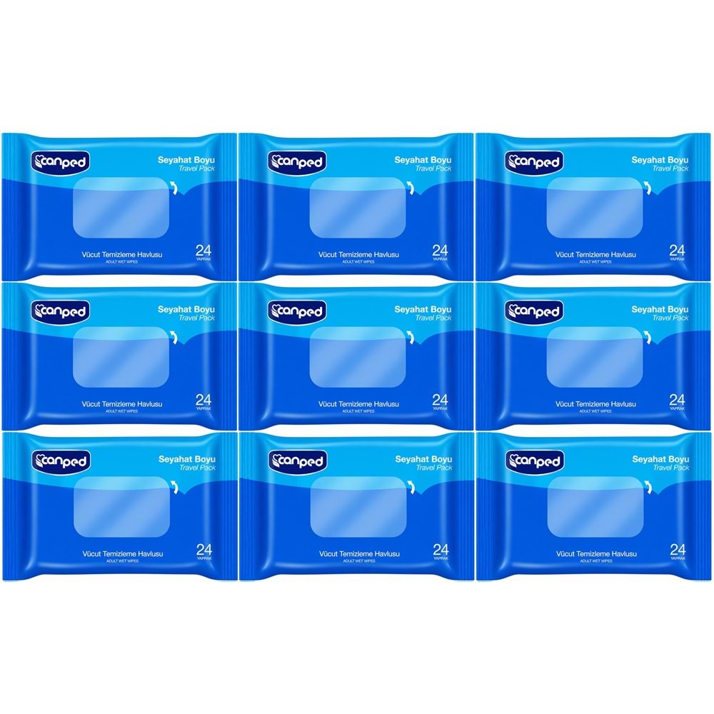 Canped Yetişkin Vücut Temizleme Islak Mendil Havlu 24 Yaprak Seyahat Boy 9 Lı Set (216 Yaprak)