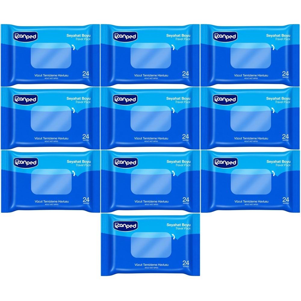 Canped Yetişkin Vücut Temizleme Islak Mendil Havlu 24 Yaprak Seyahat Boy 10 Lu Set (240 Yaprak)