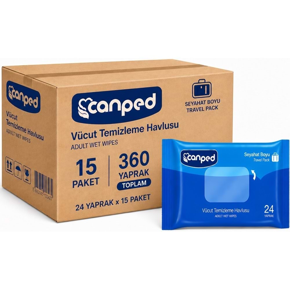 Canped Yetişkin Vücut Temizleme Islak Mendil Havlu 24 Yaprak Seyahat Boy 15 Li Set (360 Yaprak)