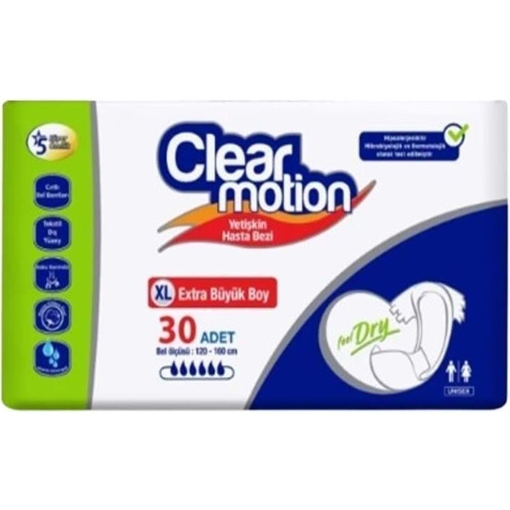 Clearmotion Yetişkin Hasta Bezi Bel Bantlı XL - Ekstra Büyük - Extra Large 150 Adet (5PK*30)