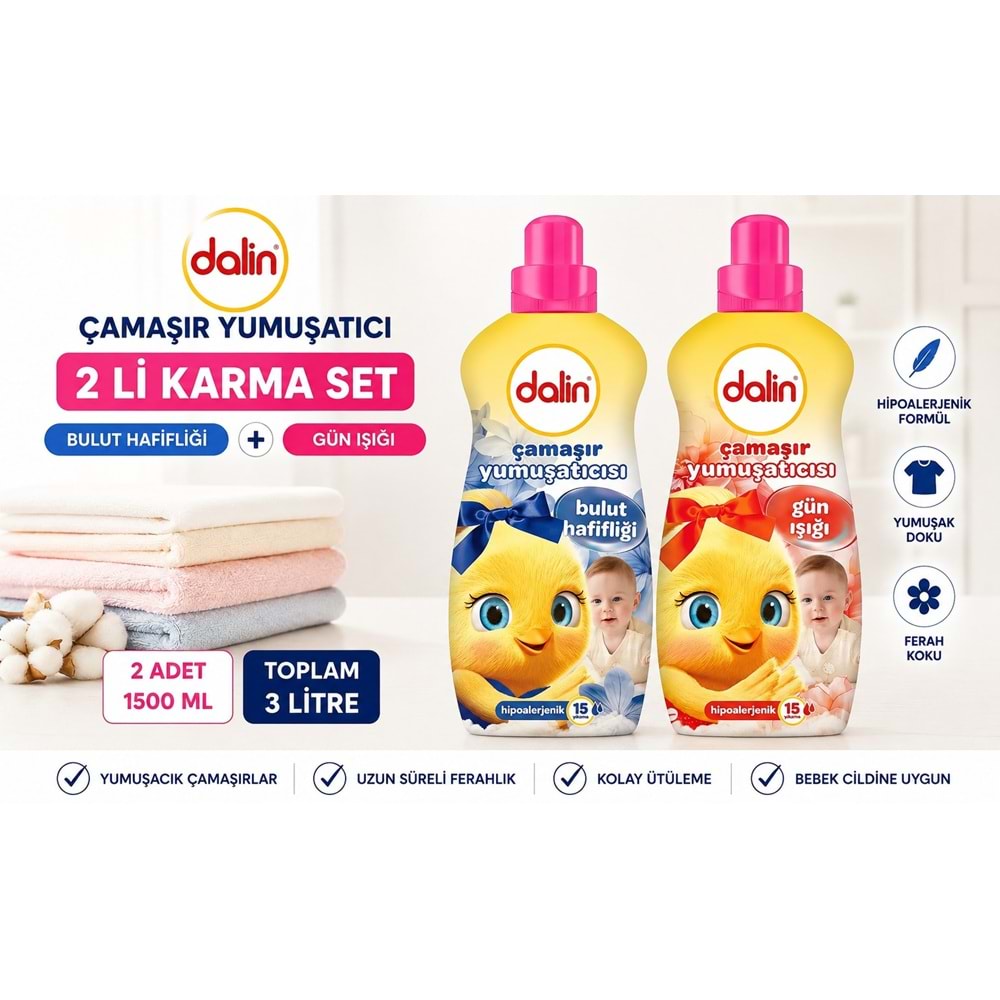 Dalin Çamaşır Yumuşatıcı 1500 ML 2 Li Karma Set – Bulut Hafifliği + Gün Işığı 3 Litre Hipoalerjenik