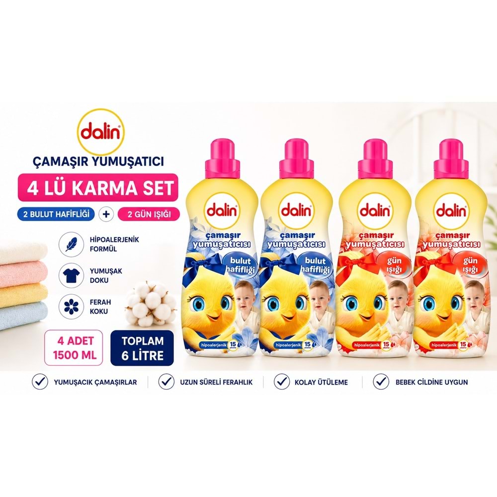 Dalin Çamaşır Yumuşatıcı 1500 ML 4 Lü Karma Set – Bulut Hafifliği + Gün Işığı 6 Litre Hipoalerjenik