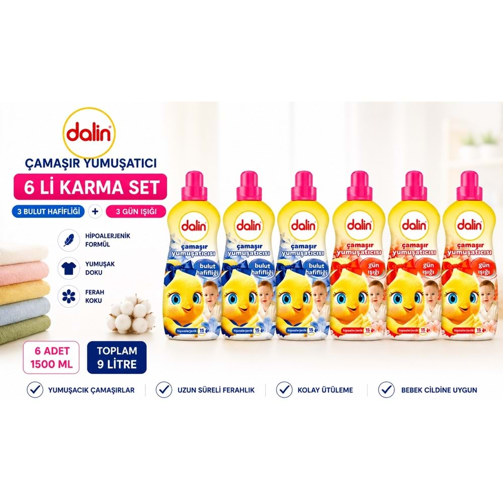Dalin Çamaşır Yumuşatıcı 1500 ML 6 Lı Karma Set – Bulut Hafifliği + Gün Işığı 9 Litre Hipoalerjenik
