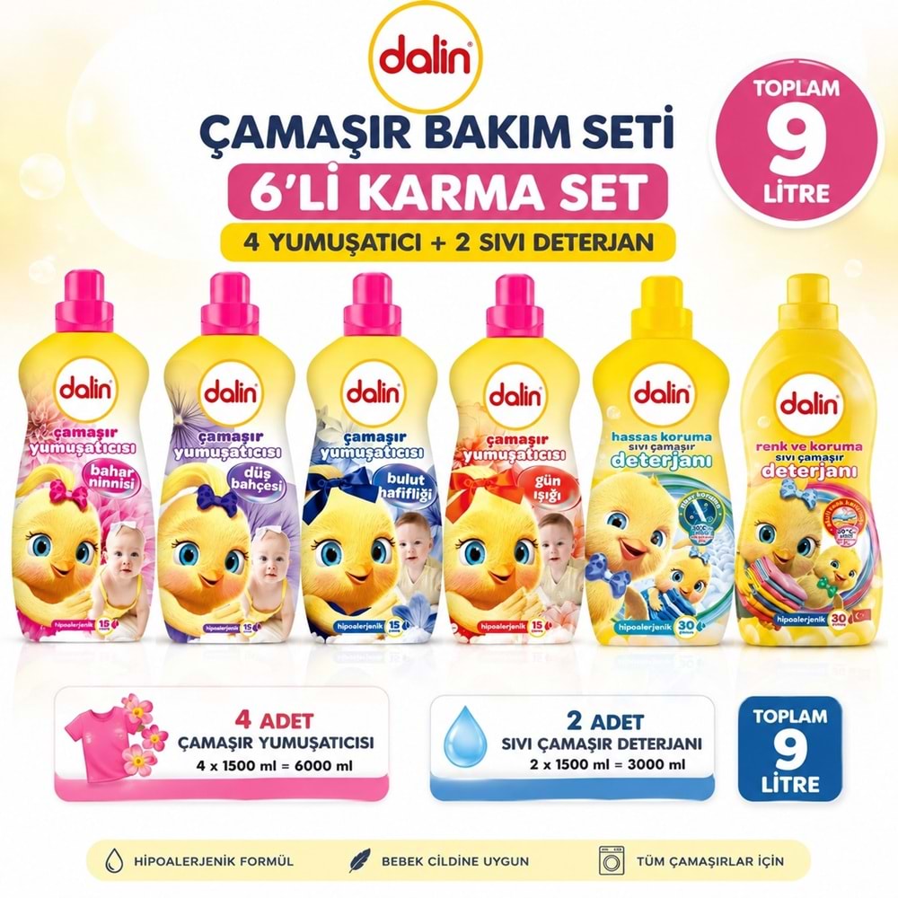 Dalin Çamaşır Yumuşatıcı ve Sıvı Çamaşır Deterjanı 1500 ML 6 Lı Karma Set – 9 Litre