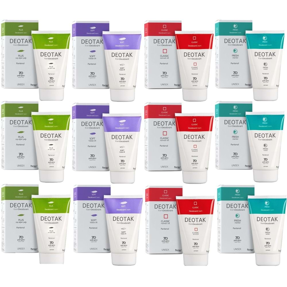 Deotak Krem Deodorant Unisex 35ML (Normal Cilt/Mentol/Hassas/Çay Ağacı Yağı) Karma (12 Li Set)