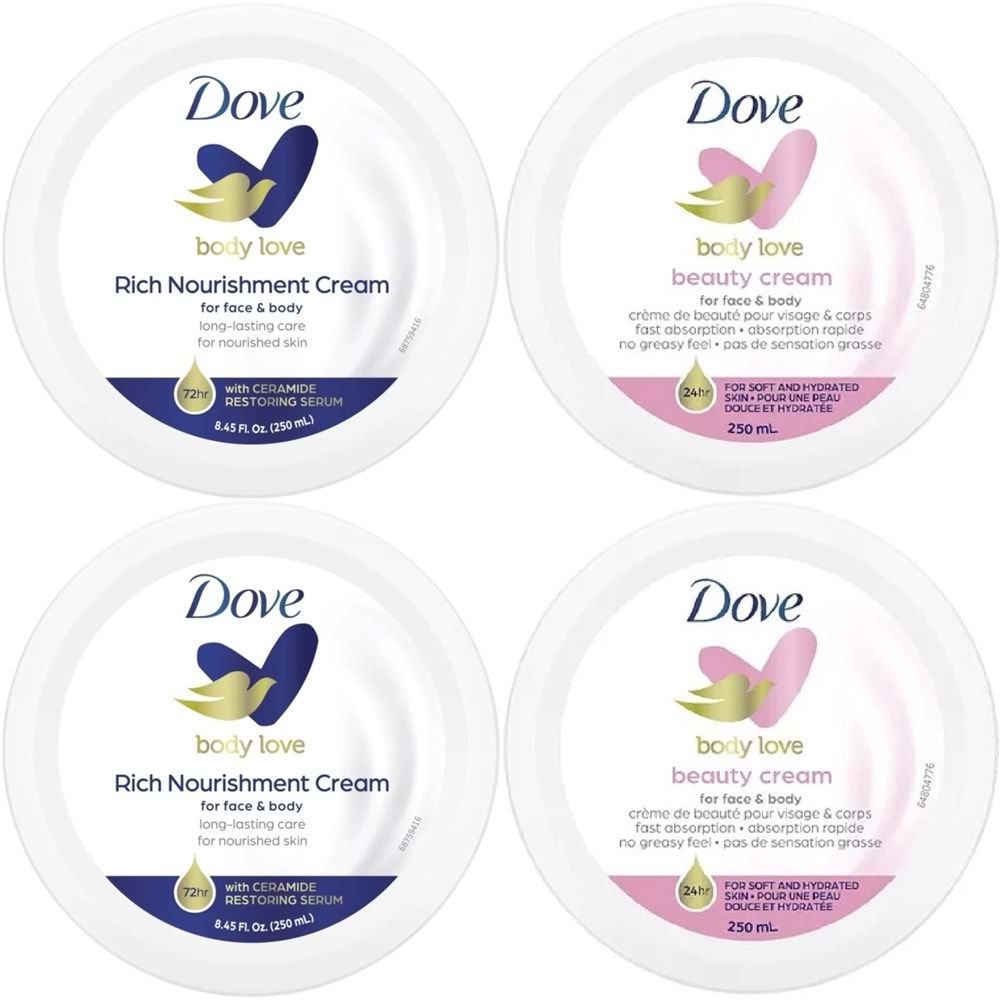 Dove Besleyici El ve Vücut Bakım Kremi 250ML (Rich Nourishment Cream+ Beauty Cream) Karma (4 Lü Set)