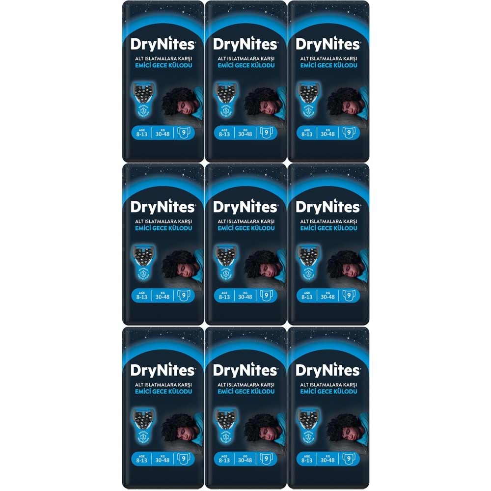 Drynites Emici Gece Külodu/Külot Bez Erkek 8-13 Yaş 30-48KG Large 81 Adet 9PK*9 AltIslatmalara Karşı