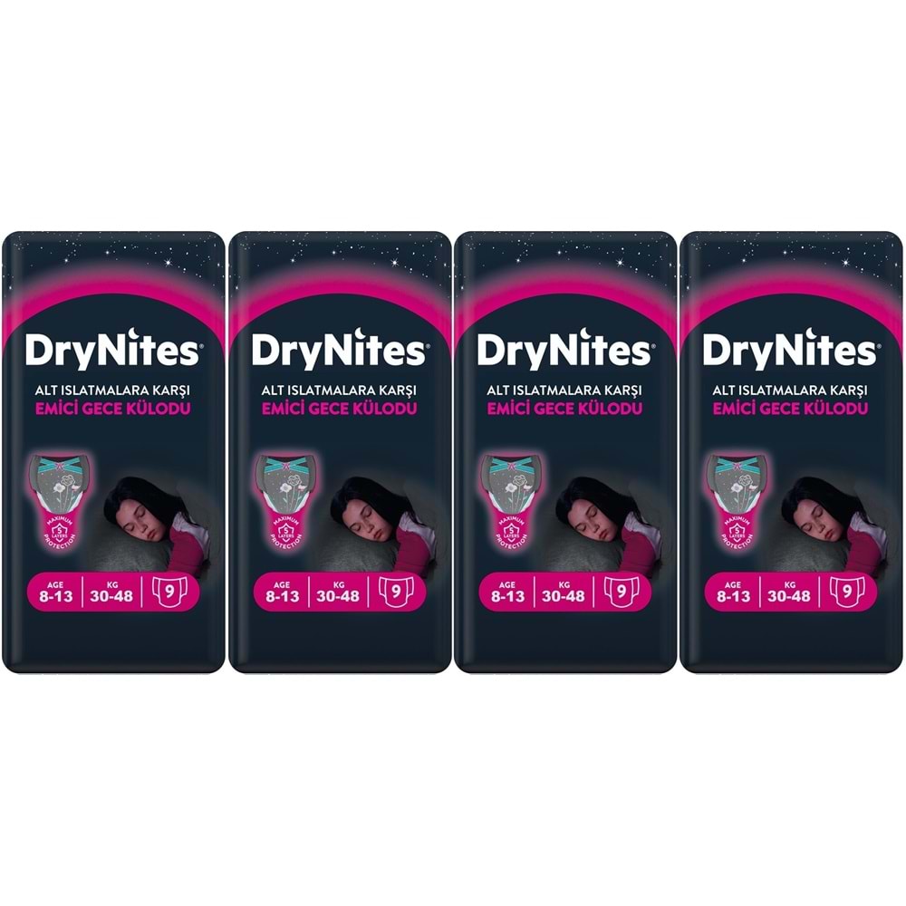Drynites Emici Gece Külodu/Külot Bez Kız 8-13 Yaş 30-48KG Large 36 Adet 4PK*9 Alt Islatmalara Karşı