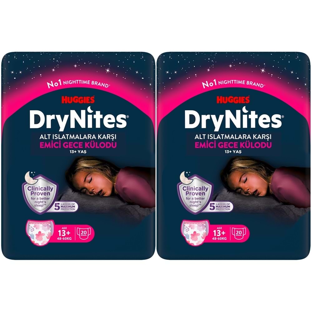 Drynites Emici Gece Külodu/Külot Bez Kız 13+ Yaş (48-60KG) X Large 40 Adet Mega Pk (2PK*20)