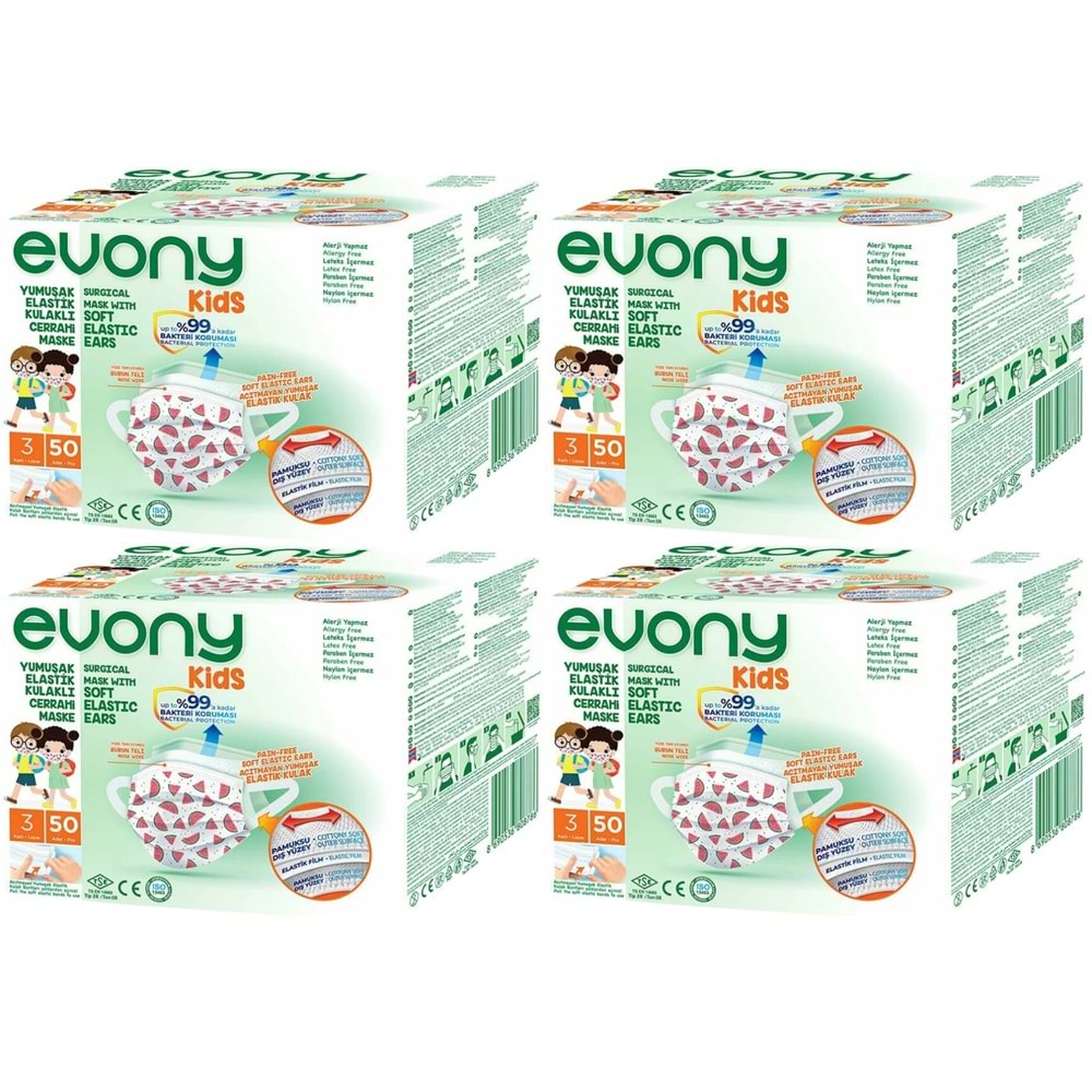Evony 3 Katlı Filtreli Burun Telli Cerrahi Maske (Kids Çoçuklar İçin) 200 Lü Set (Desenli)