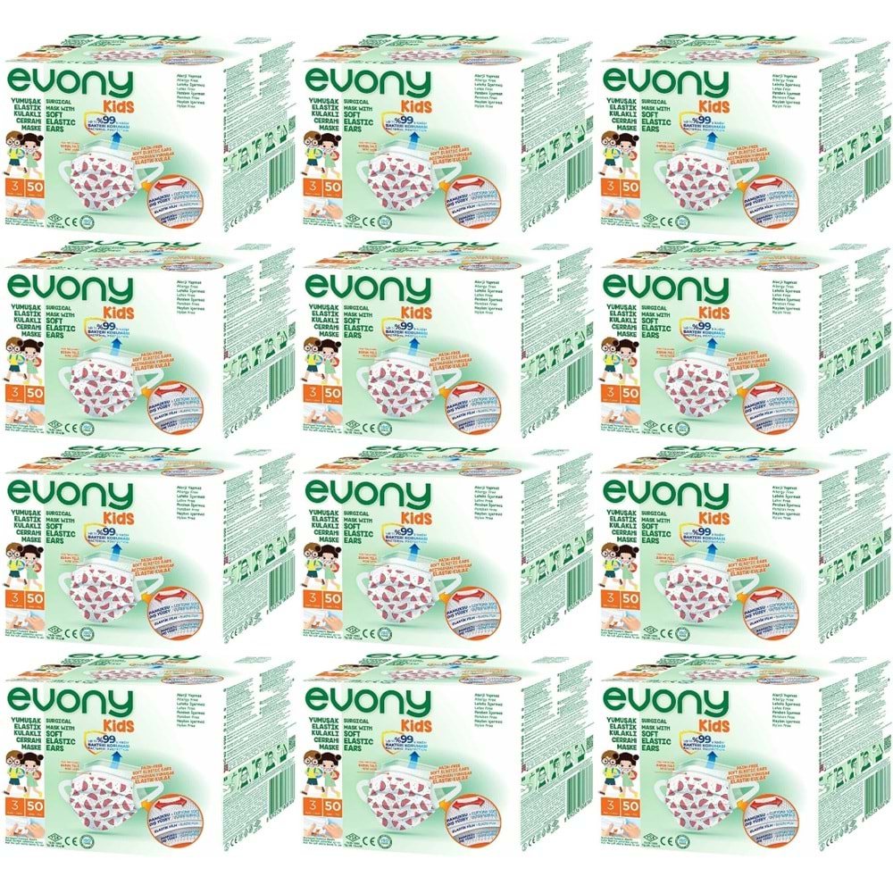 Evony 3 Katlı Filtreli Burun Telli Cerrahi Maske (Kids Çoçuklar İçin) 600 Lü Set (Desenli)