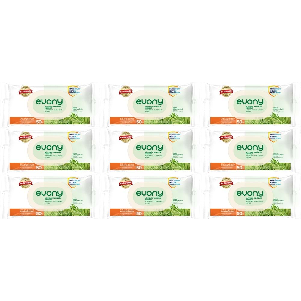 Evony Hijyenik Temizlik Islak Havlu Mendil 50 Yaprak Plastik Kapaklı (9 Lu Set) 450 Yaprak