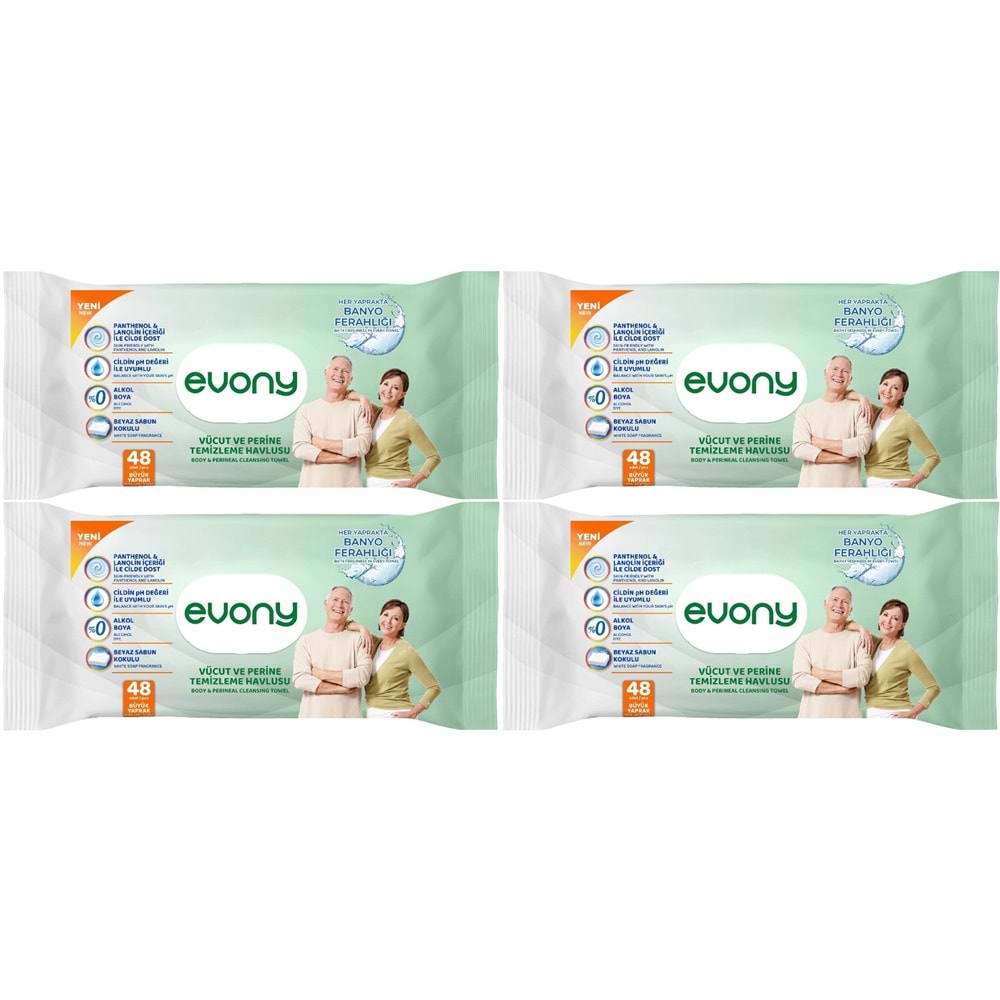 Evony Hasta Vücut Perine Temizleme Islak Mendil Havlu 48 Yaprak XL Banyo Ferahlığı (4 Lü Set)