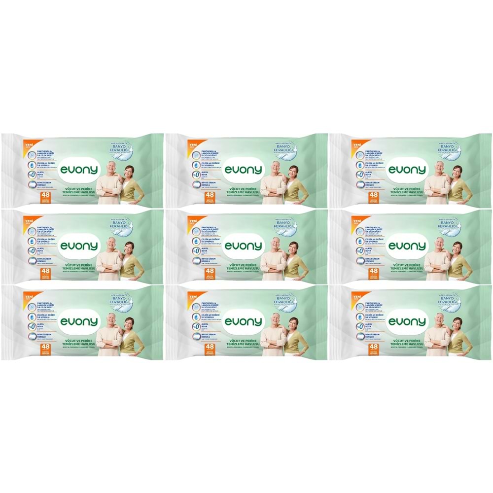 Evony Hasta Vücut Perine Temizleme Islak Mendil Havlu 48 Yaprak XL Banyo Ferahlığı (9 Lu Set)