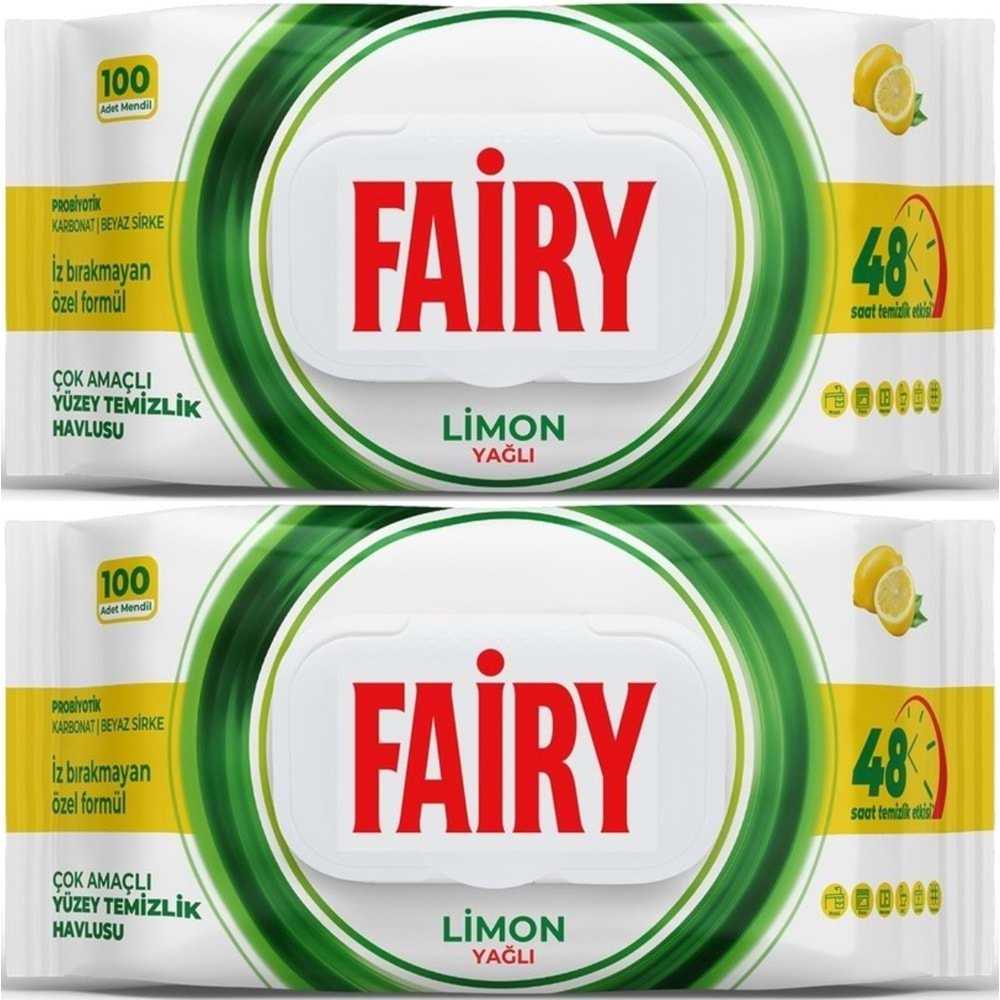 Fairy Yüzey Temizlik Havlusu 100 Yaprak Limon Yağlı - Beyaz Sirke - Karbonat (2 Li Set) 200 Yaprak