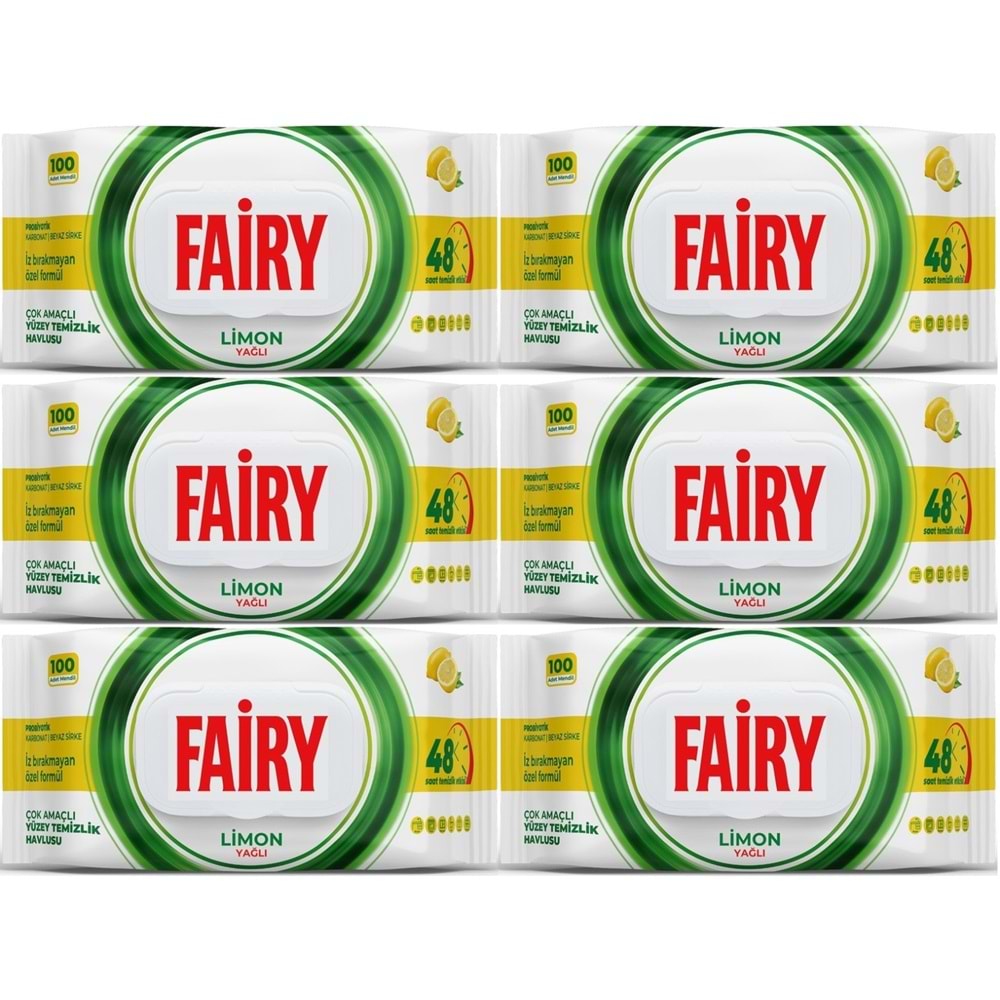 Fairy Yüzey Temizlik Havlusu 100 Yaprak Limon Yağlı - Beyaz Sirke - Karbonat (6 Lı Set) 600 Yaprak