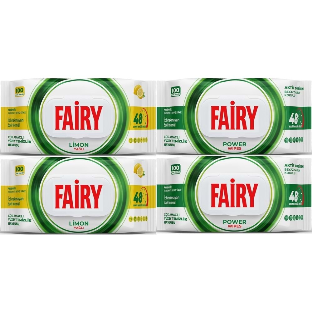 Fairy Yüzey Temizlik Havlusu 100 Yaprak Limon Yağlı & Aktif Oksijen (4 Lü Set) 400 Yaprak Karma
