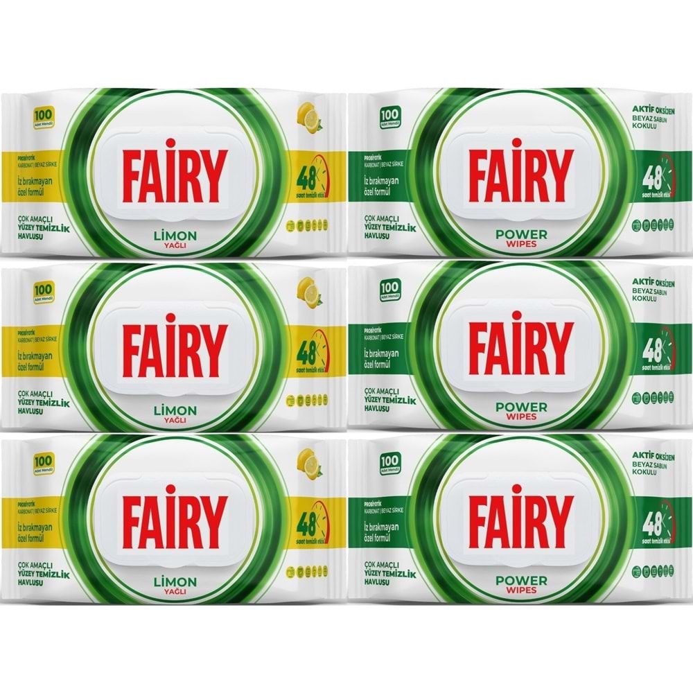 Fairy Yüzey Temizlik Havlusu 100 Yaprak Limon Yağlı & Aktif Oksijen (6 Lı Set) 600 Yaprak Karma