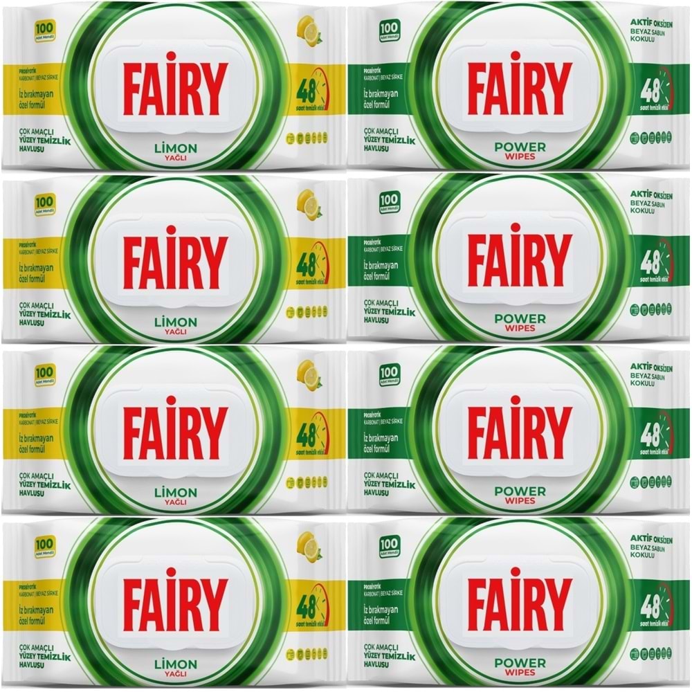 Fairy Yüzey Temizlik Havlusu 100 Yaprak Limon Yağlı & Aktif Oksijen (8 Li Set) 800 Yaprak Karma