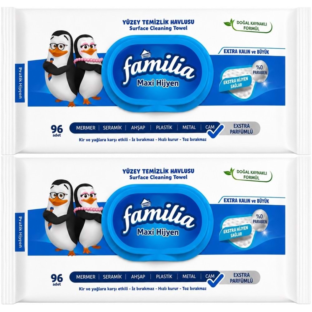 Familia Yüzey Temizlik Havlusu 96 Yaprak Maxi Hijyen Kabartma Doku Plastik Kapaklı 2 Li Set 192 Yprk