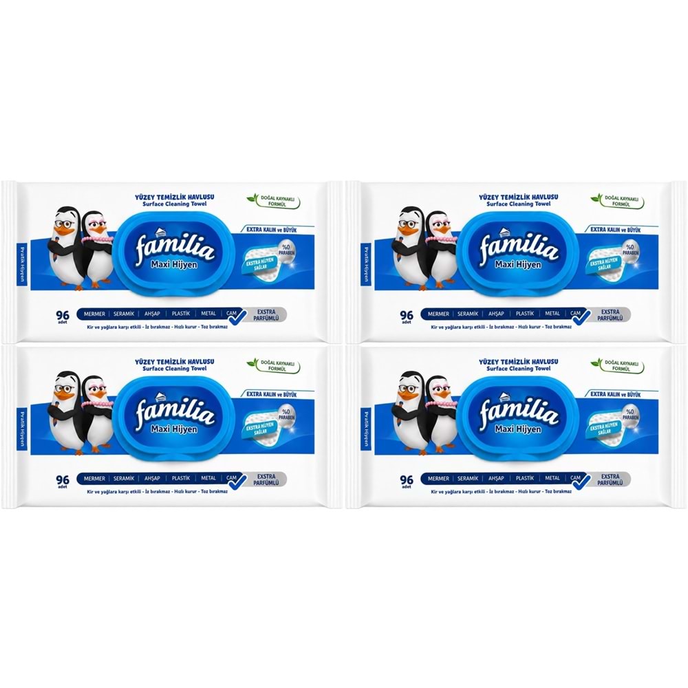 Familia Yüzey Temizlik Havlusu 96 Yaprak Maxi Hijyen Kabartma Doku Plastik Kapaklı 4 Lü Set 384 Yprk