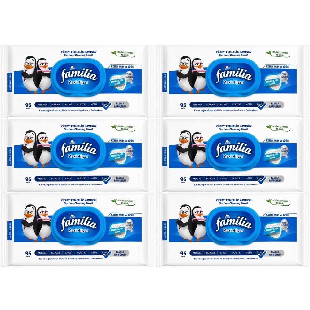Familia Yüzey Temizlik Havlusu 96 Yaprak Maxi Hijyen Kabartma Doku Plastik Kapaklı 6 Lı Set 576 Yprk