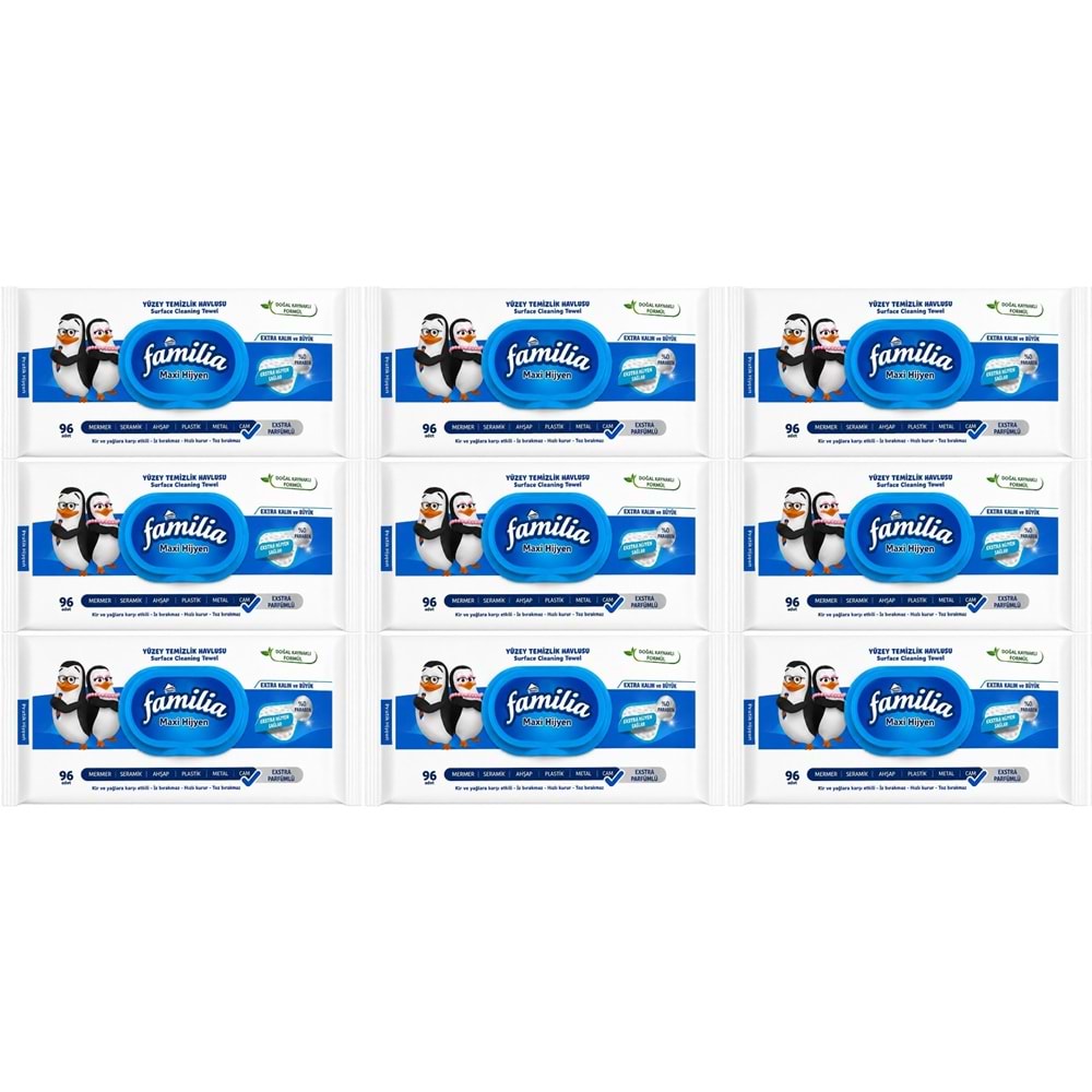 Familia Yüzey Temizlik Havlusu 96 Yaprak Maxi Hijyen Kabartma Doku Plastik Kapaklı 9 Lu Set 864 Yprk