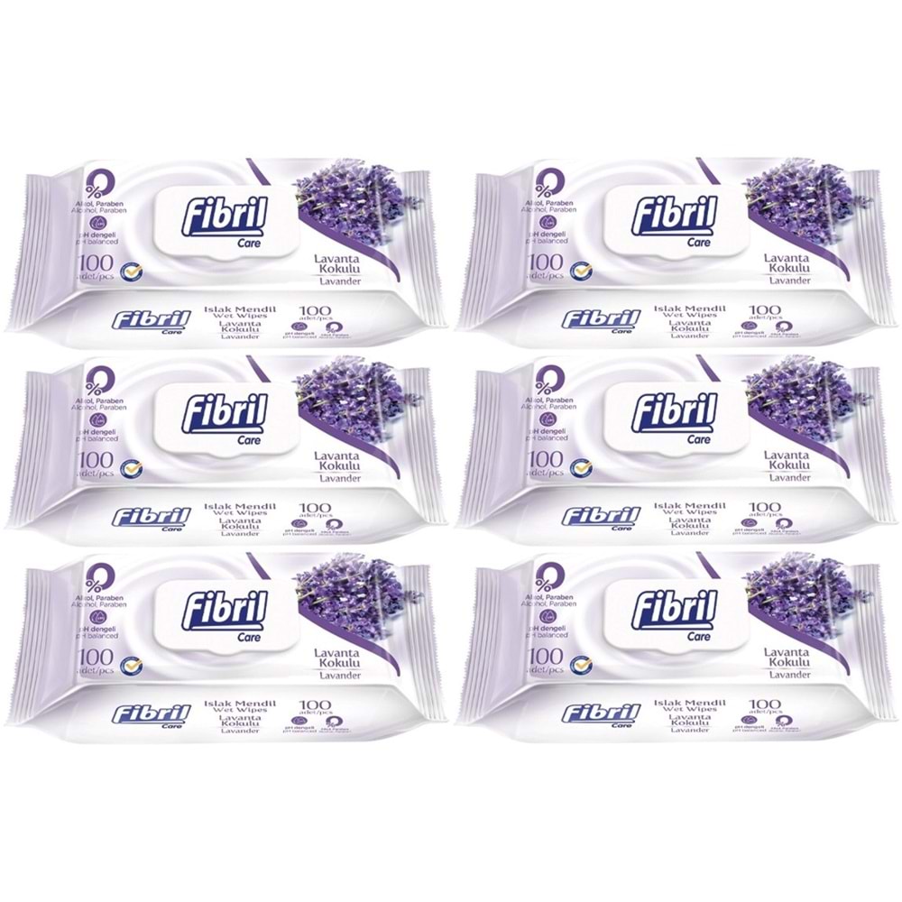 Fibril Islak Havlu Mendil 100 Yaprak Lavanta Plastik Kapaklı (6 Lı Set) 600 Yaprak