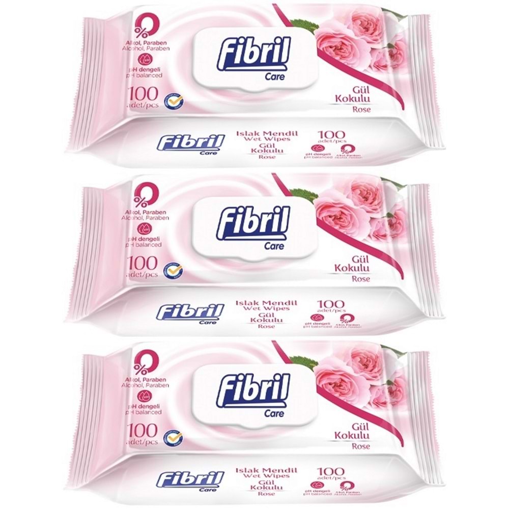 Fibril Islak Havlu Mendil 100 Yaprak Gül Plastik Kapaklı (3 Lü Set) 300 Yaprak