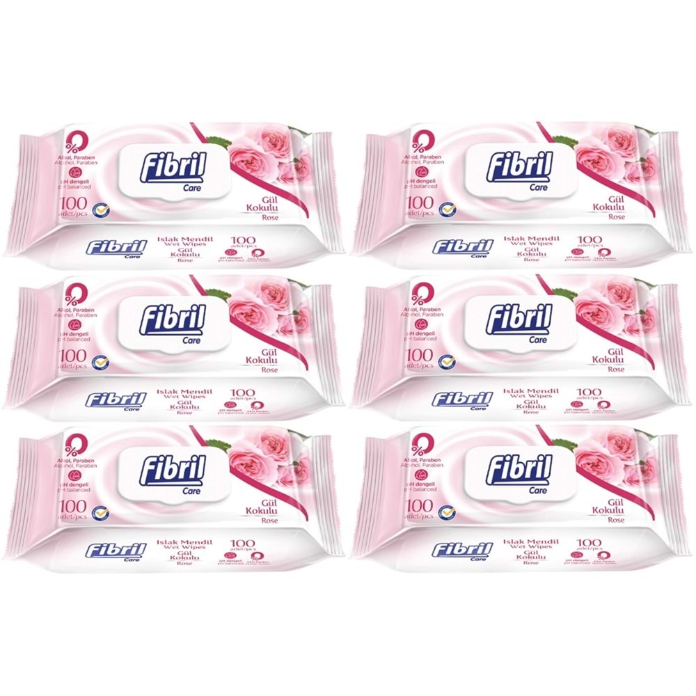 Fibril Islak Havlu Mendil 100 Yaprak Gül Plastik Kapaklı (6 Lı Set) 600 Yaprak
